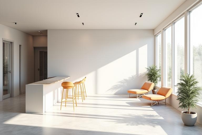 Vue panoramique d'un bureau d'architecte moderne inondé de lumière naturelle, symbolisant innovation et collaboration.