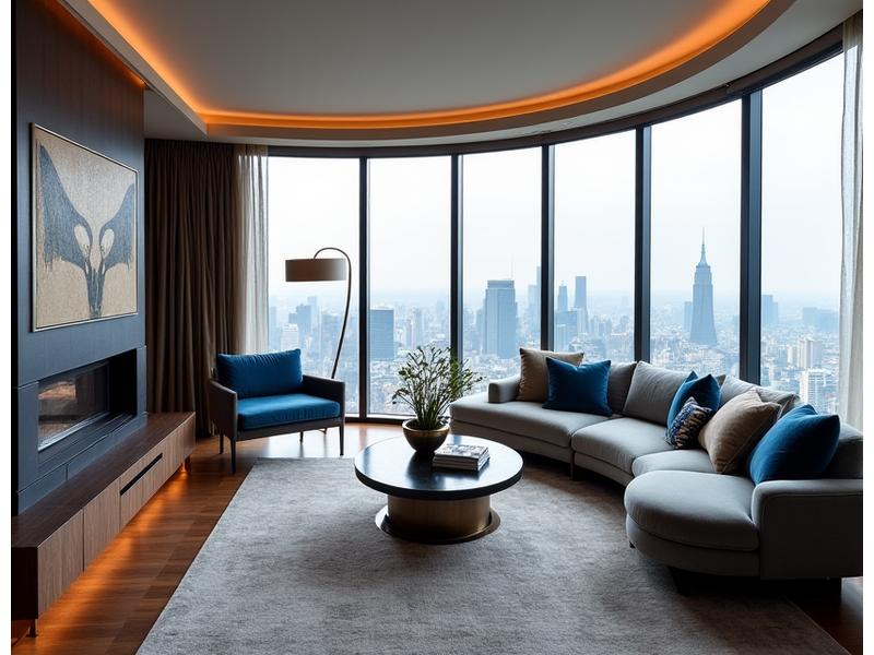 Intérieur d'un salon de luxe avec mobilier contemporain et vue sur la ville, Clé de Voûte