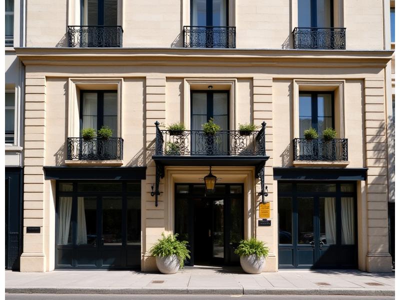 Façade restaurée d'un hôtel historique, mélange de tradition et modernité, Clé de Voûte