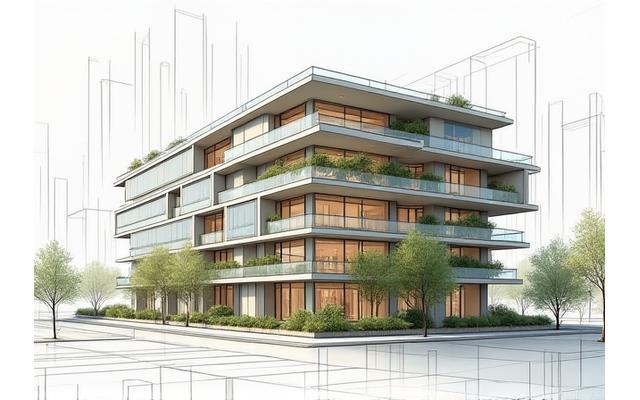 Croquis numérique d'un bâtiment moderne avec des lignes épurées et des espaces verts intégrés, illustrant la conception architecturale de Clé de Voûte.
