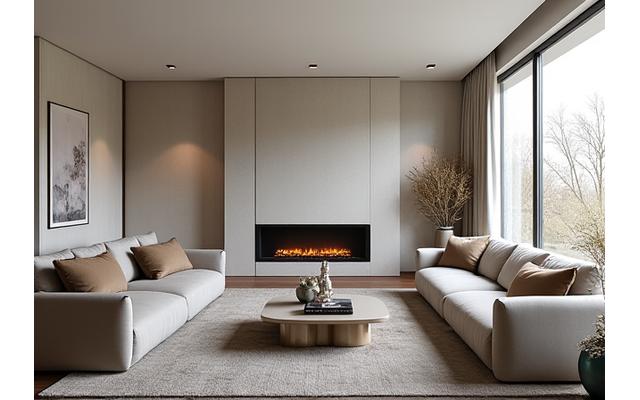 Intérieur élégant et moderne d'un salon avec des meubles design, une cheminée contemporaine et de grandes fenêtres. Représente l'architecture d'intérieur par Clé de Voûte.
