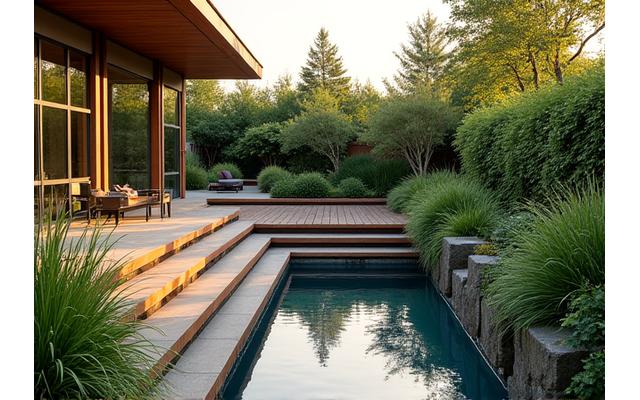 Jardin paysage moderne avec des terrasses en bois, des plantations luxuriantes et un bassin d'eau. Image représentant l'architecture du paysage de Clé de Voûte.