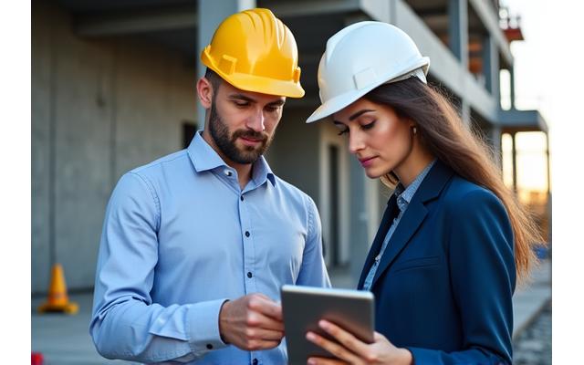 Architecte discutant sur un chantier de construction avec un chef de projet, tous deux examinant des plans sur une tablette. Contexte de gestion de projet symbolisant l'efficacité et la coordination de Clé de Voûte.