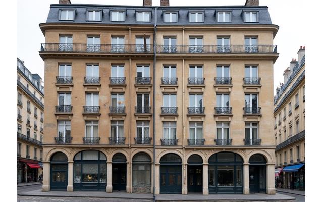Image avant/après montrant la façade restaurée d'un bâtiment haussmannien à Paris. La partie 'après' est fraîchement rénovée et détaillée, la partie 'avant' montre des signes d'usure. Illustre la rénovation et la restauration par Clé de Voûte.