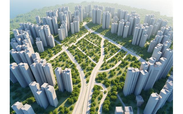 Vue aérienne d'un plan directeur urbain moderne avec des bâtiments, des parcs et des infrastructures de transport. Illustre l'expertise en urbanisme de Clé de Voûte.